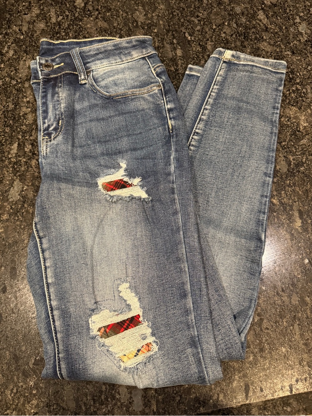 Grace & Lace Light Blue Skinny Jeans with Plaid Patch Detail